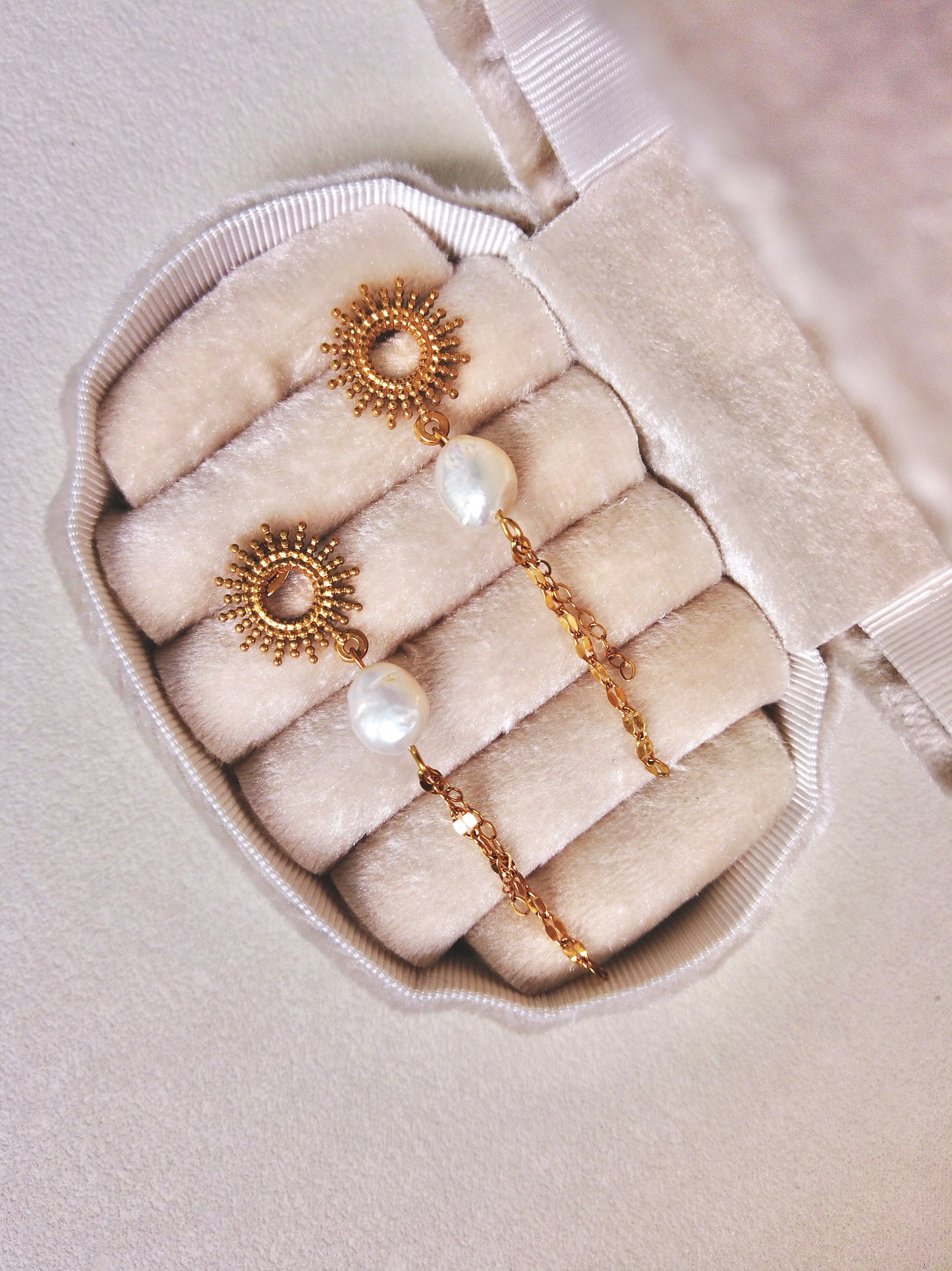 Boucles pendantes en acier inoxydable & motif soleil, perles naturelles