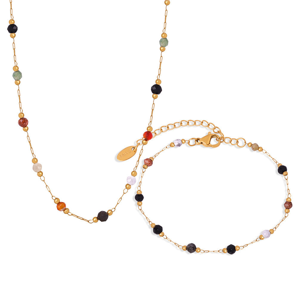 Collier en Acier Doré avec Perles Colorées