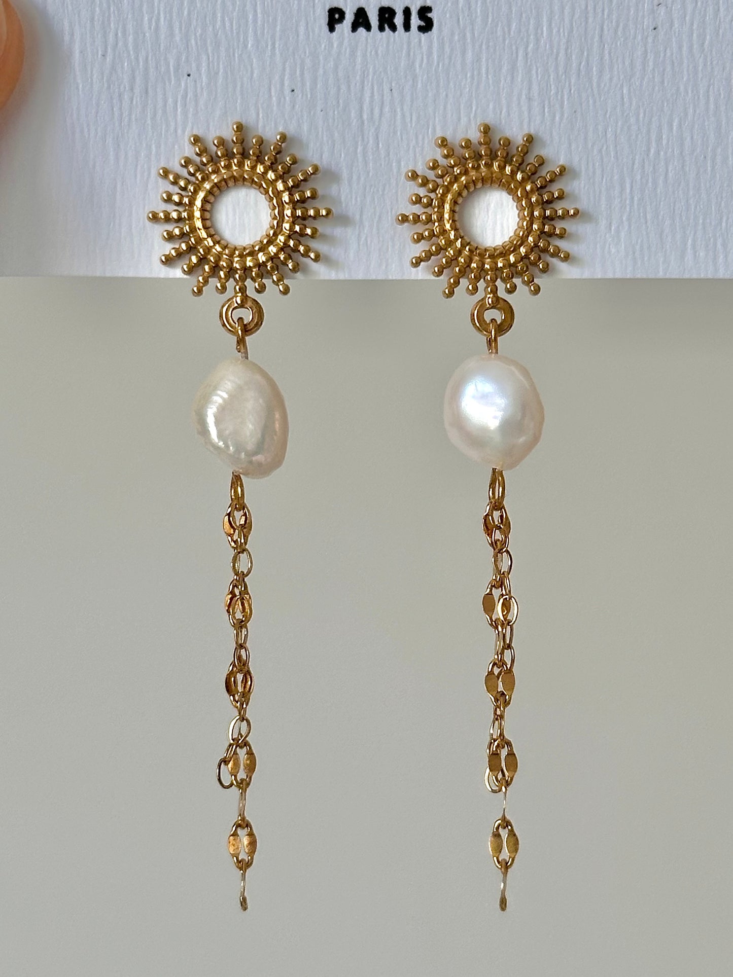 Boucles pendantes en acier inoxydable & motif soleil, perles naturelles