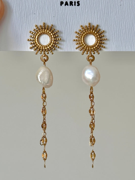 Boucles pendantes en acier inoxydable & motif soleil, perles naturelles