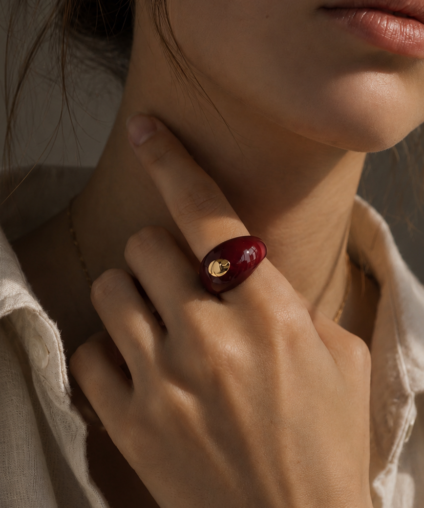 Bague Émail Rouge Dorée