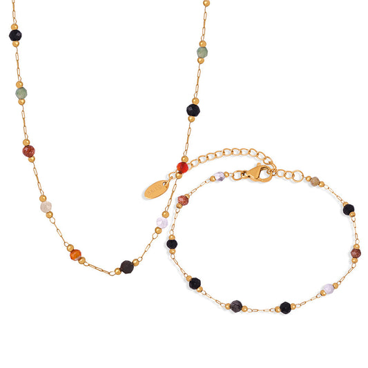 Collier en Acier Doré avec Perles Colorées